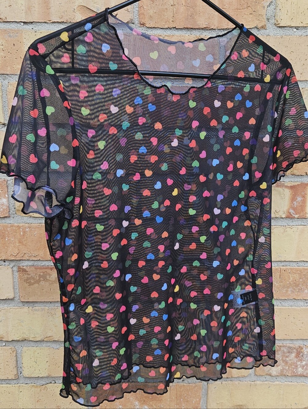 Black Sheer Top with Multicolored Heart Print